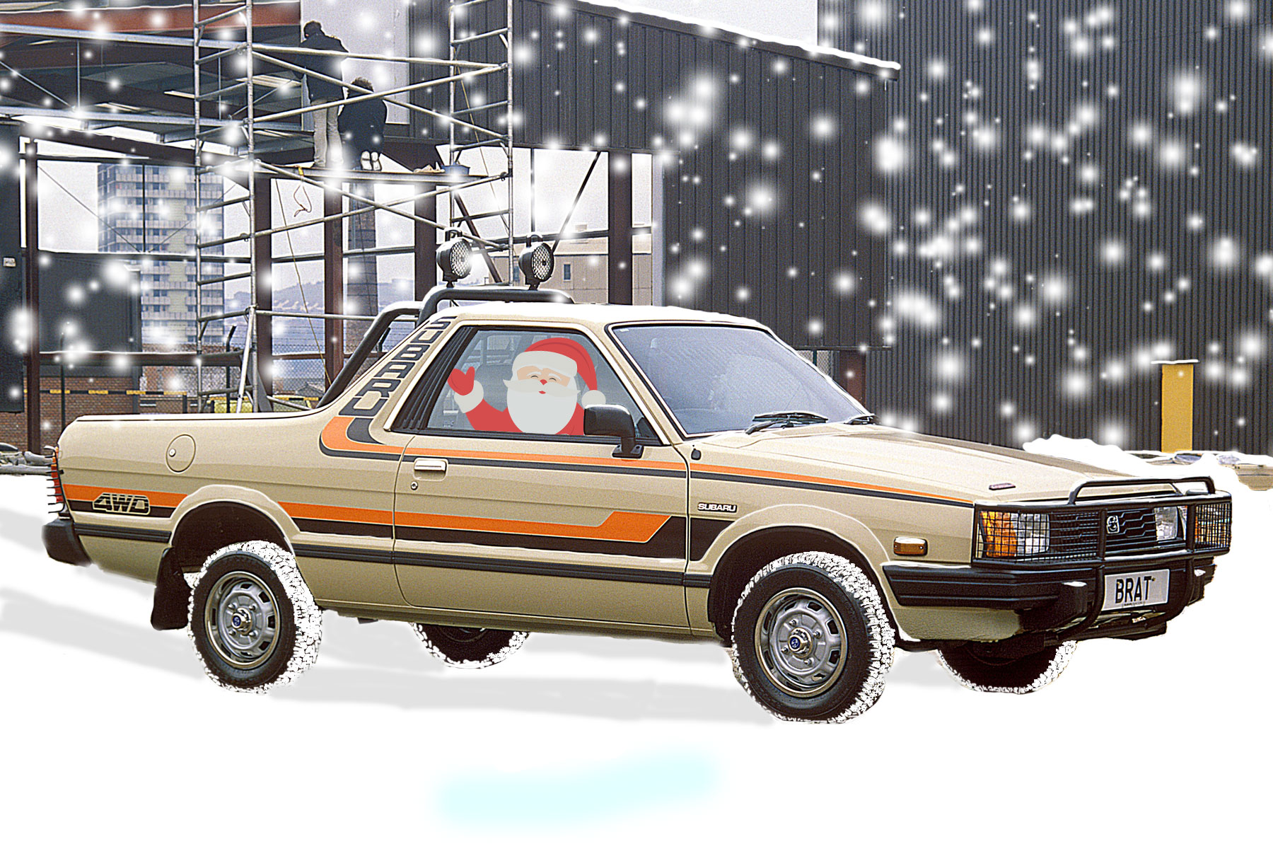 Santa driving a Subaru BRAT